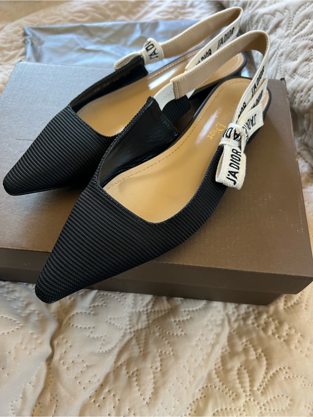 Dior Black Pointed Slingback Flats with J'Adior Ribbon